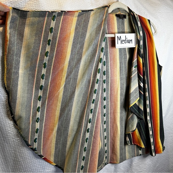 L&B Medium Serape Open Vest Striped Southwest Cowboy Rodeo Green Orange Yellow - Picture 3 of 9